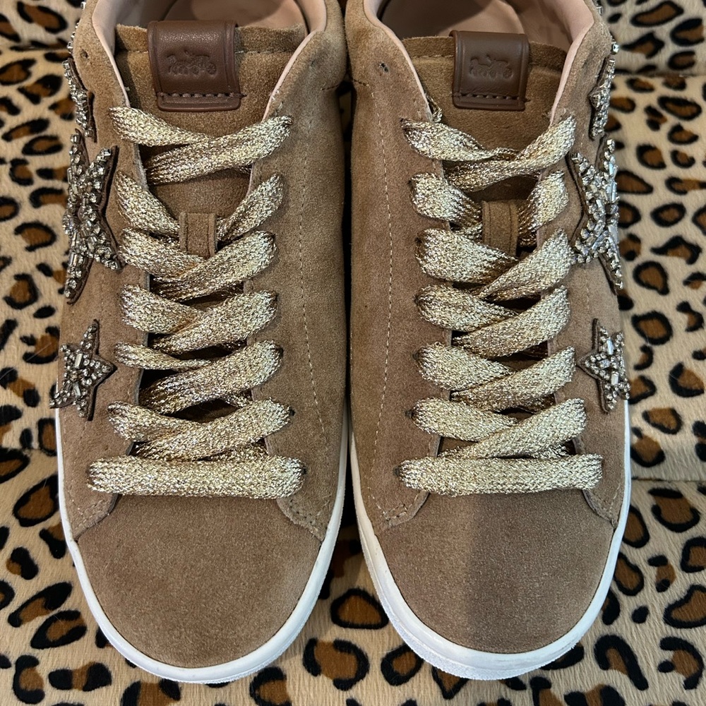 Coach Brown & Gold Star Embellished Suede Sneakers - Picture 2 of 6